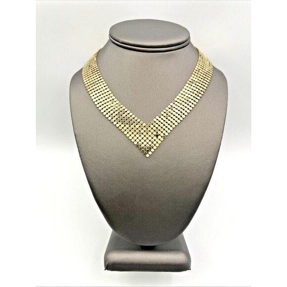 Vintage Mesh V Shaped Collar Necklace Gold Tone 16” - Picture 1 of 6